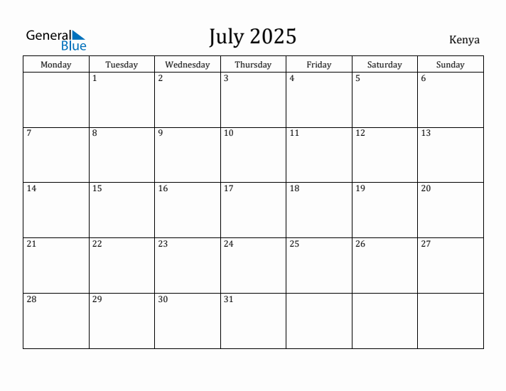 July 2025 Kenya Monthly Calendar with Holidays