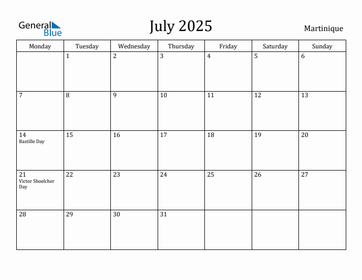 July 2025 Calendar Martinique