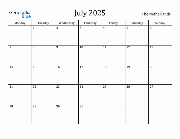 July 2025 Calendar The Netherlands