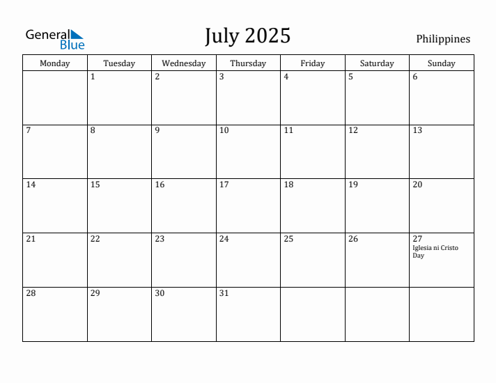 July 2025 Philippines Monthly Calendar with Holidays