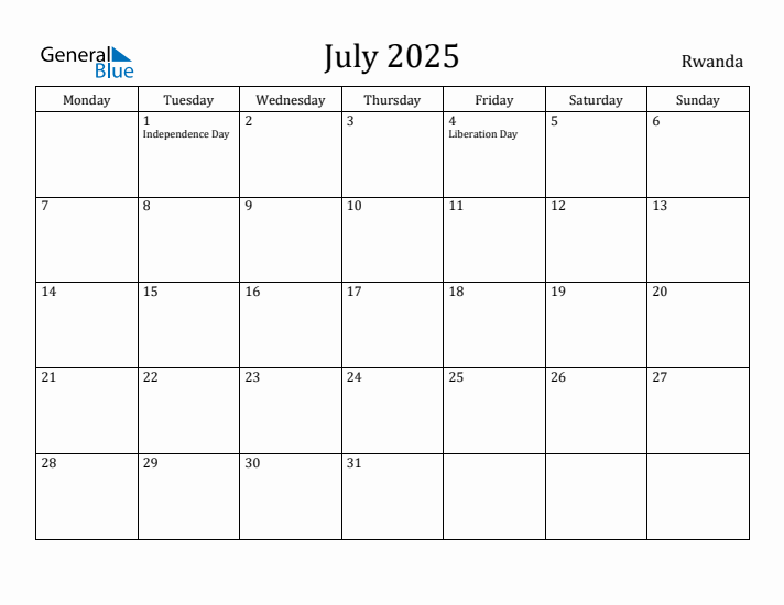 July 2025 Calendar Rwanda