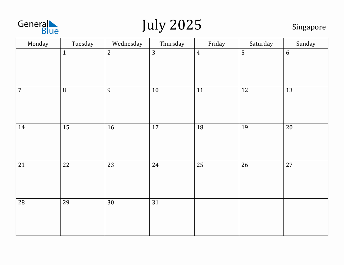 July 2025 Singapore Monthly Calendar with Holidays