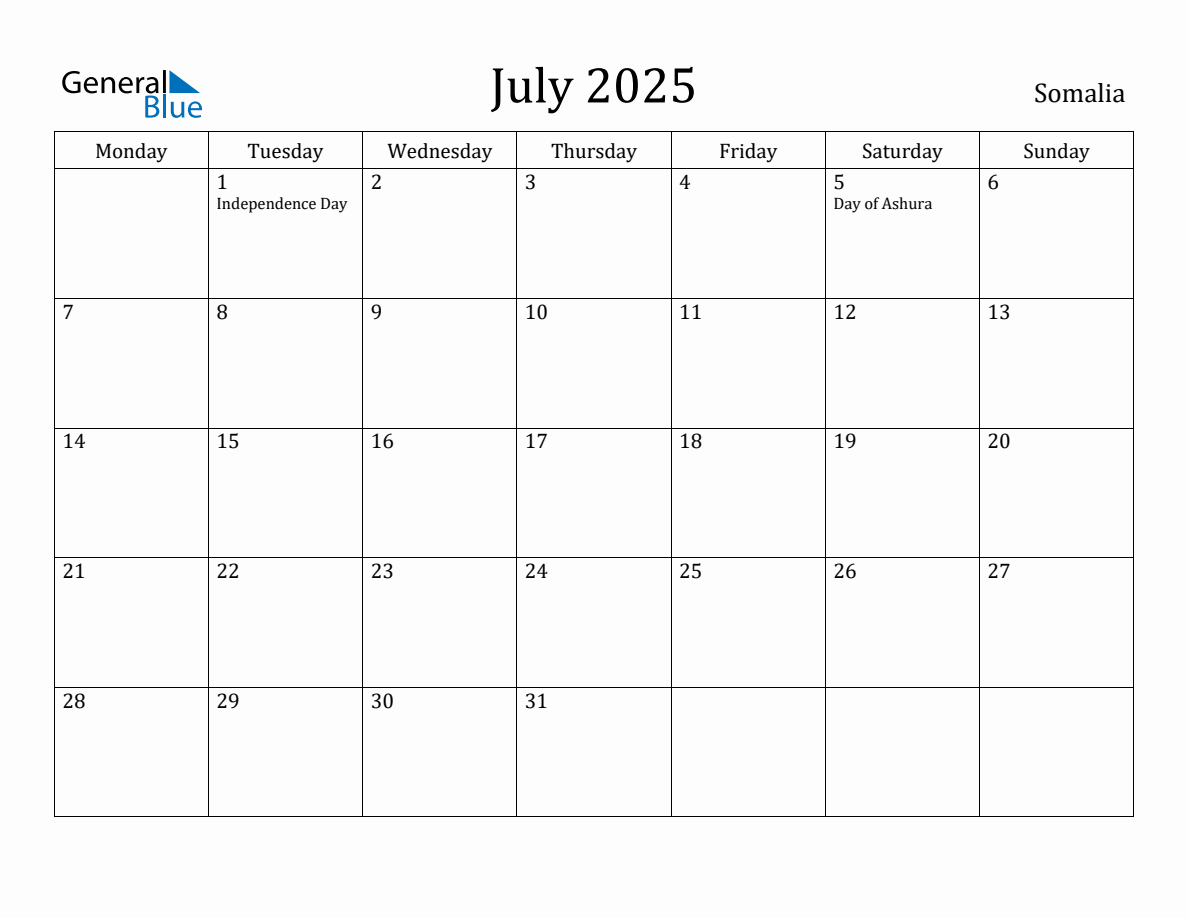 July 2025 Somalia Monthly Calendar with Holidays