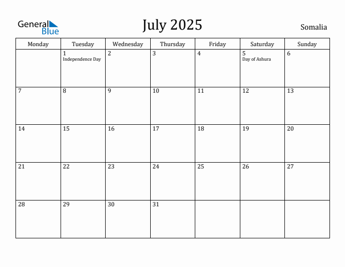 July 2025 Calendar Somalia