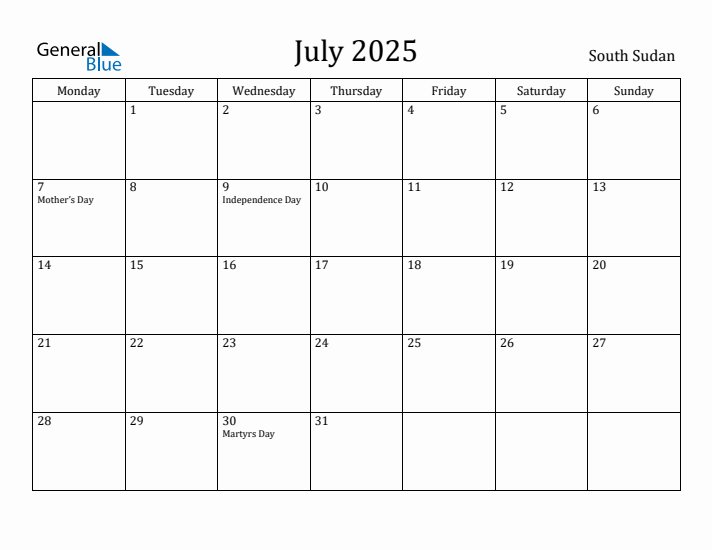 July 2025 Calendar South Sudan
