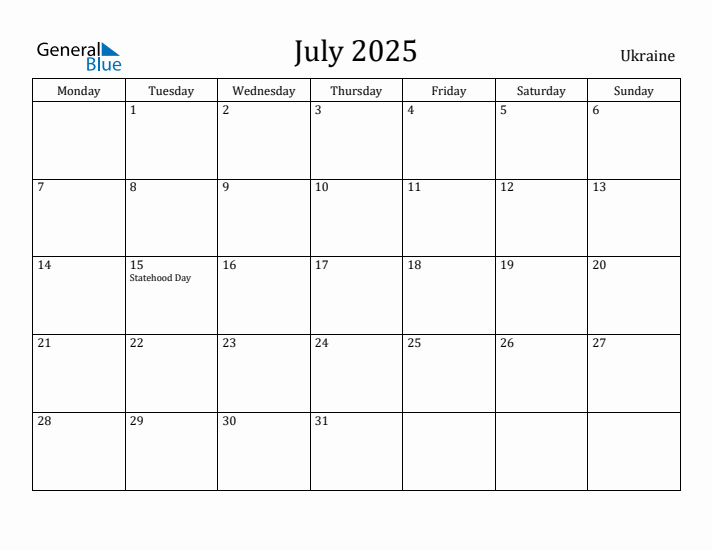 July 2025 Calendar Ukraine