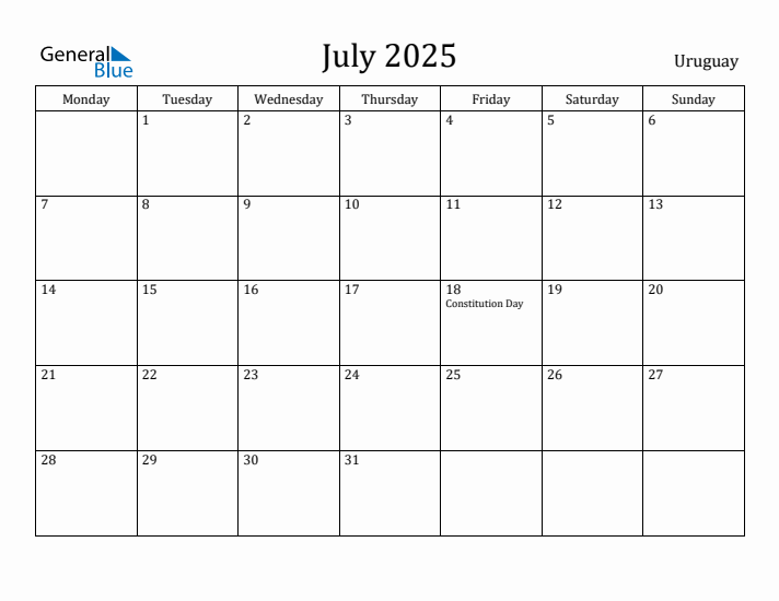 July 2025 Calendar Uruguay