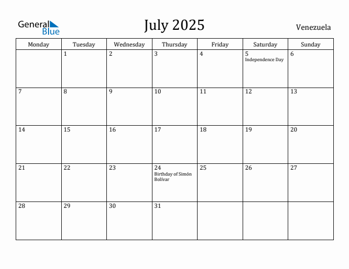 July 2025 Calendar Venezuela