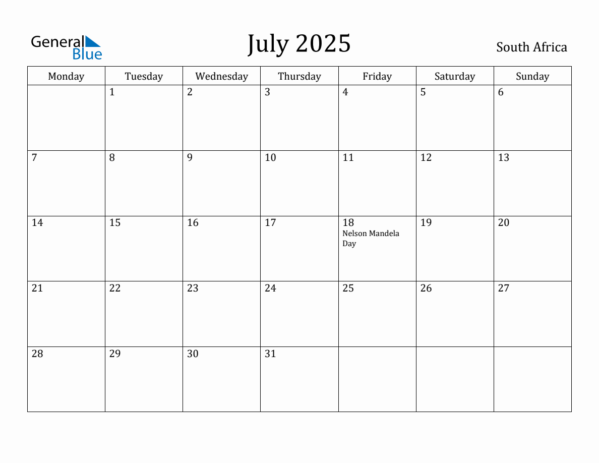 July 2025 South Africa Monthly Calendar with Holidays