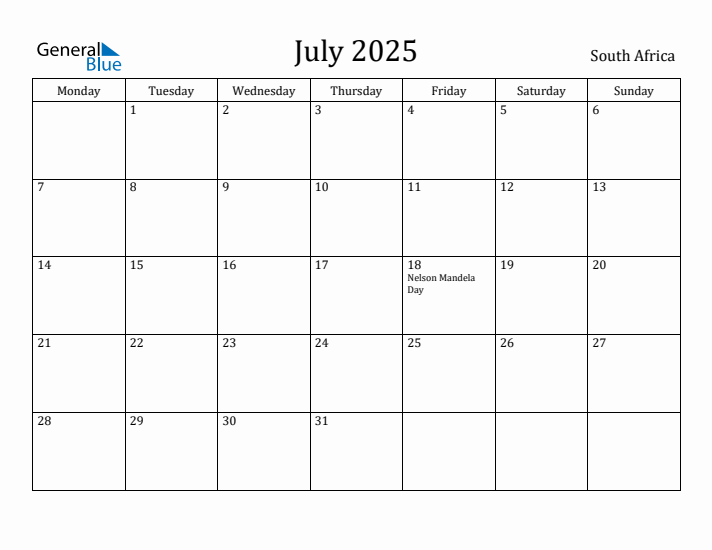 July 2025 Calendar South Africa