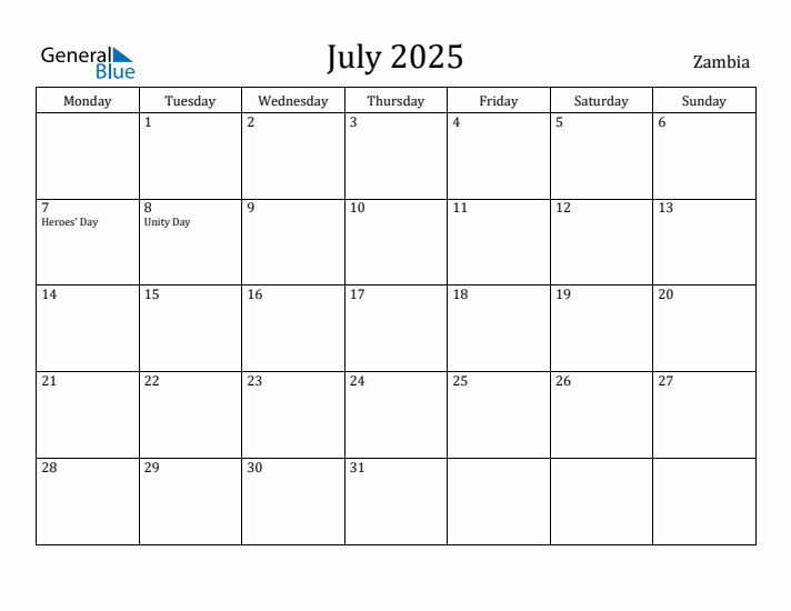July 2025 Calendar Zambia