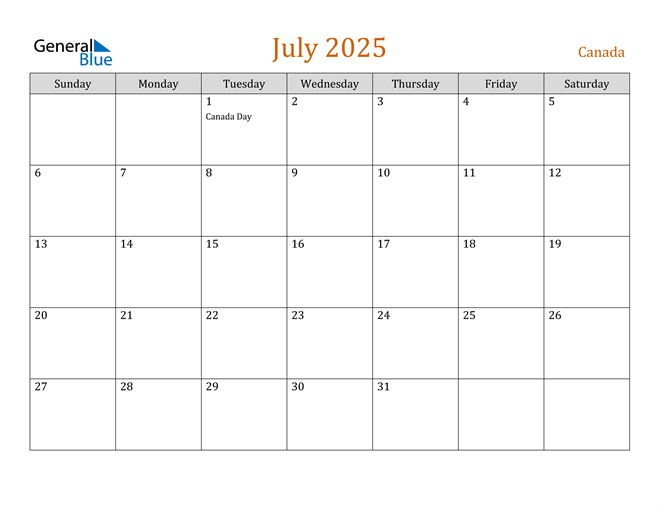 July 2025 Calendar with Canada Holidays