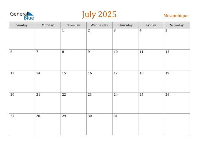 Mozambique July 2025 Calendar with Holidays