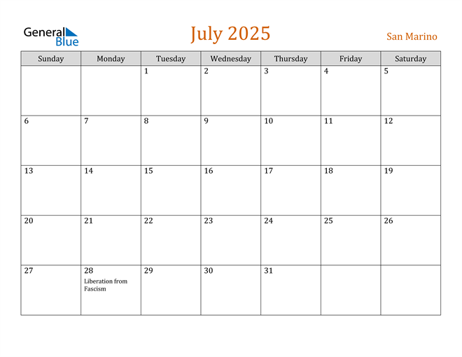 July 2025 Calendar with San Marino Holidays