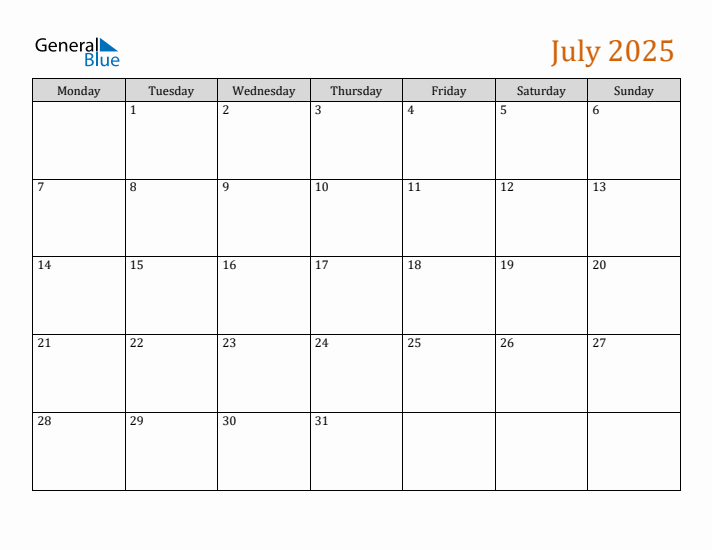 Editable July 2025 Calendar