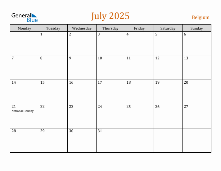 July 2025 Holiday Calendar with Monday Start