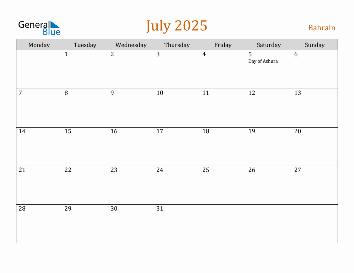 Free July 2025 Bahrain Calendar