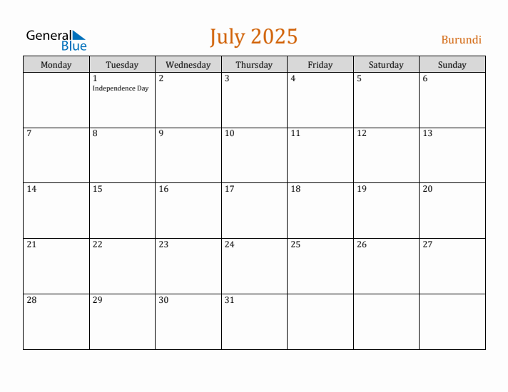 July 2025 Holiday Calendar with Monday Start