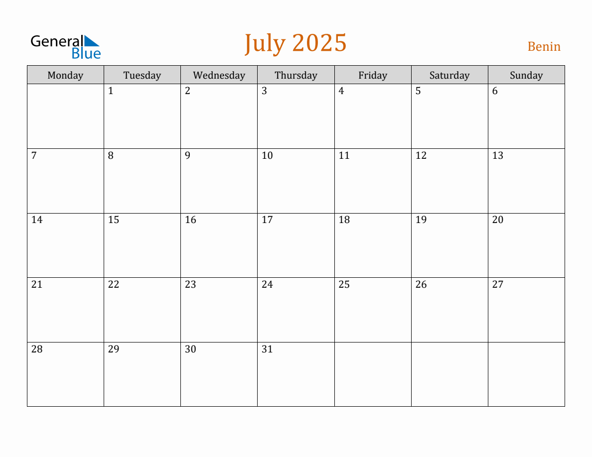 Free July 2025 Benin Calendar