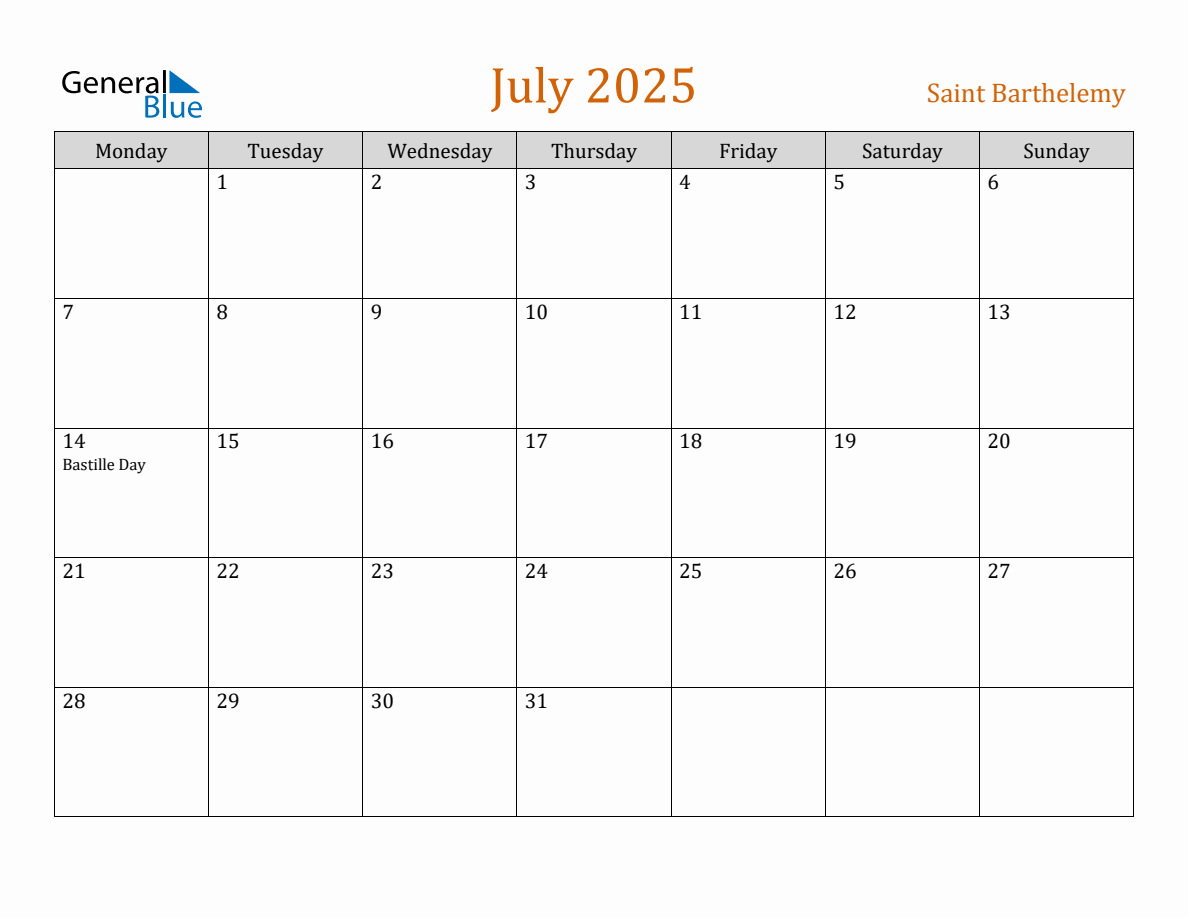 Free July 2025 Saint Barthelemy Calendar