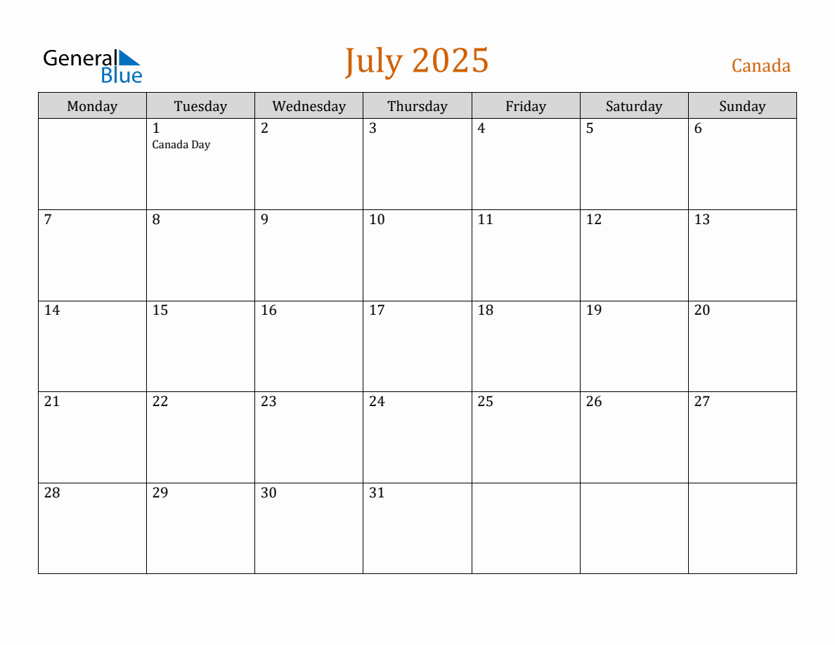 Free July 2025 Canada Calendar