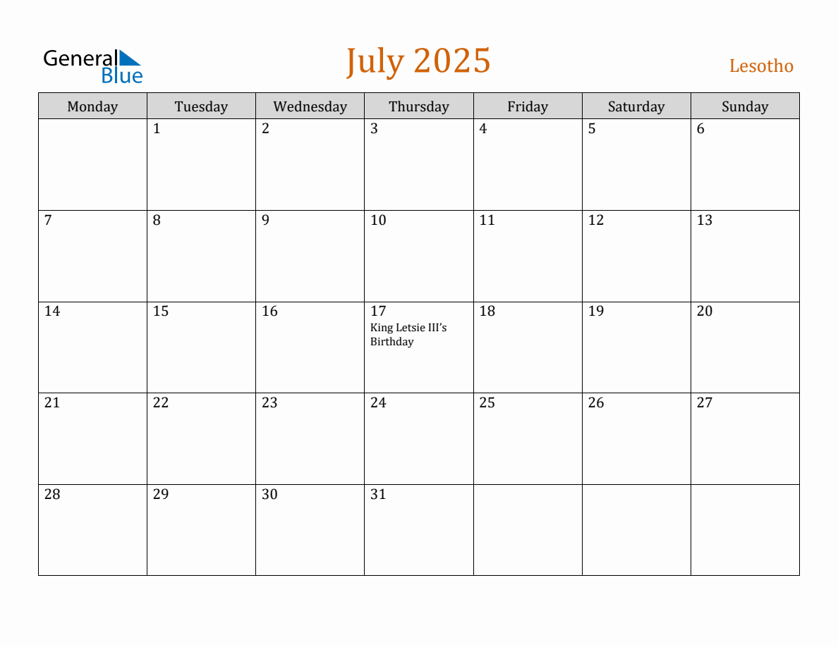 Free July 2025 Lesotho Calendar