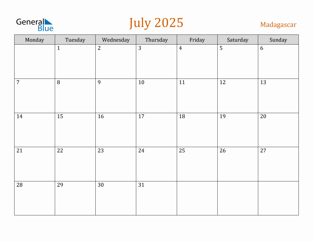 Free July 2025 Madagascar Calendar