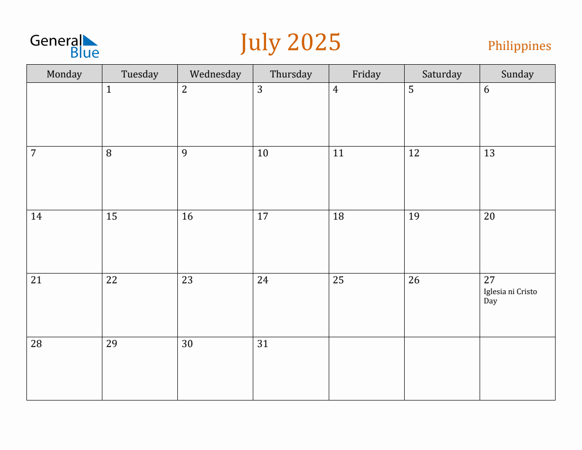 Free July 2025 Philippines Calendar