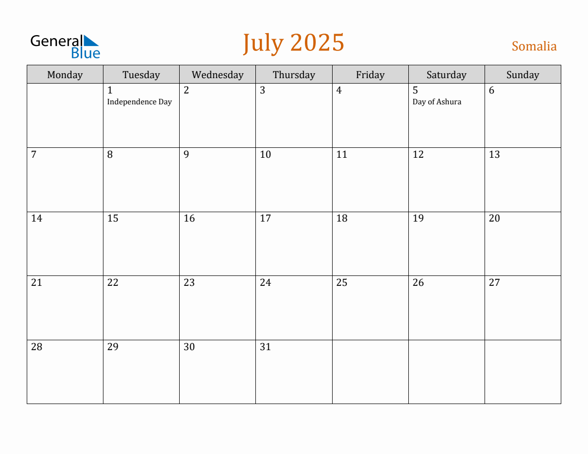 Free July 2025 Somalia Calendar