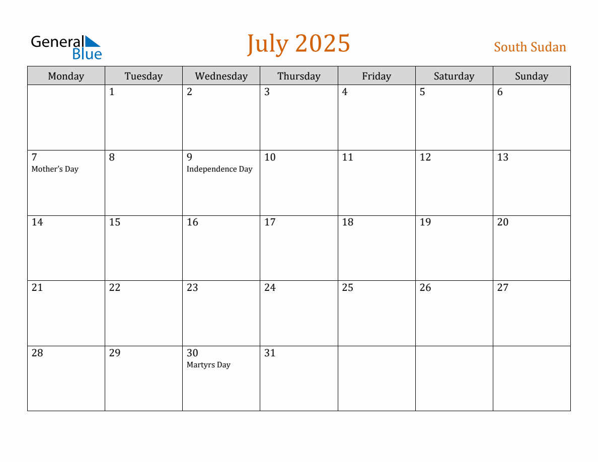 Free July 2025 South Sudan Calendar