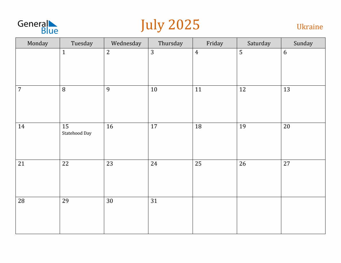 Free July 2025 Ukraine Calendar