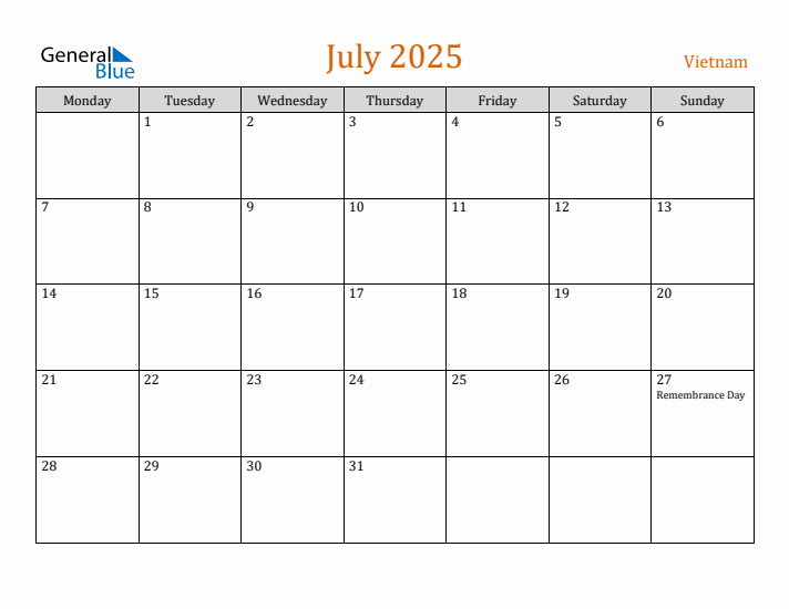 July 2025 Holiday Calendar with Monday Start