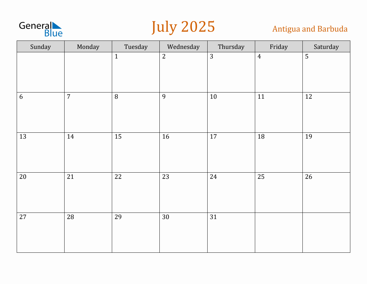 Free July 2025 Antigua and Barbuda Calendar