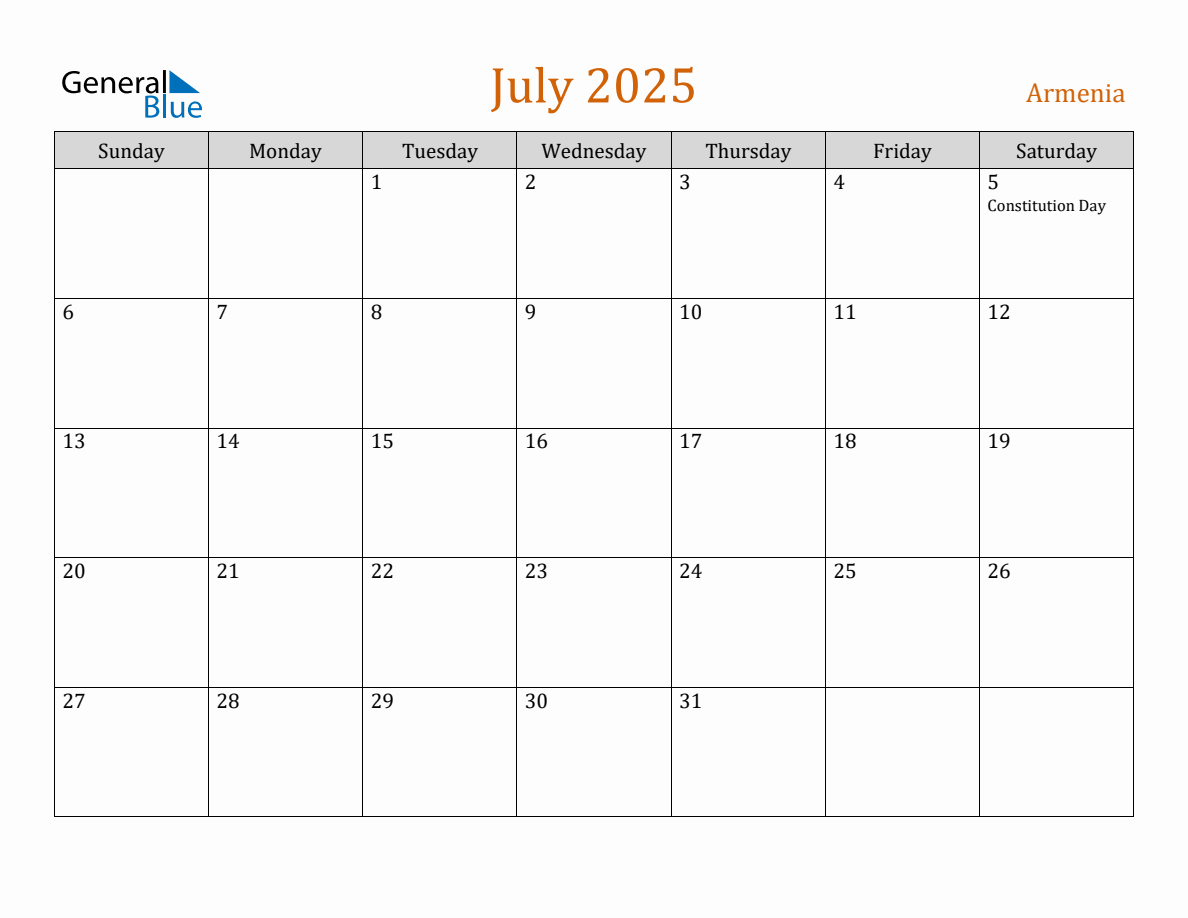 Free July 2025 Armenia Calendar
