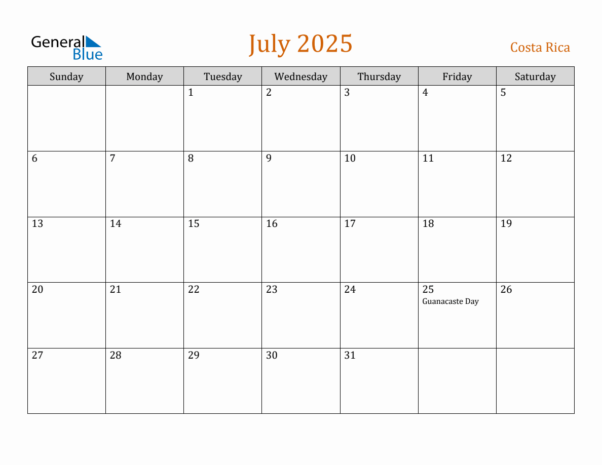 Free July 2025 Costa Rica Calendar