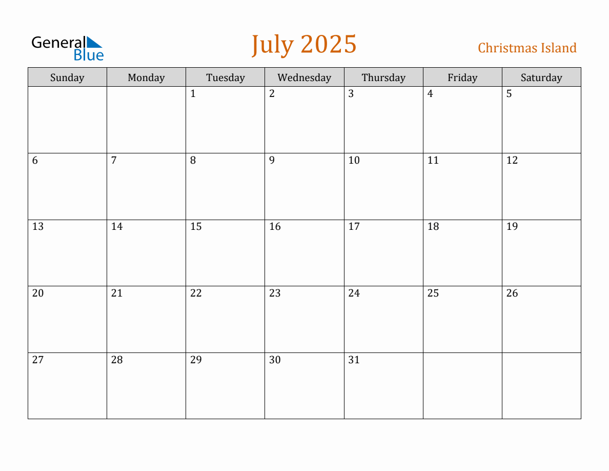 Free July 2025 Christmas Island Calendar