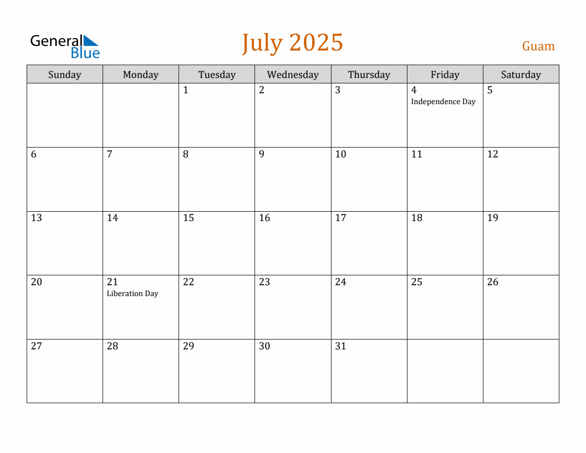 Free July 2025 Guam Calendar