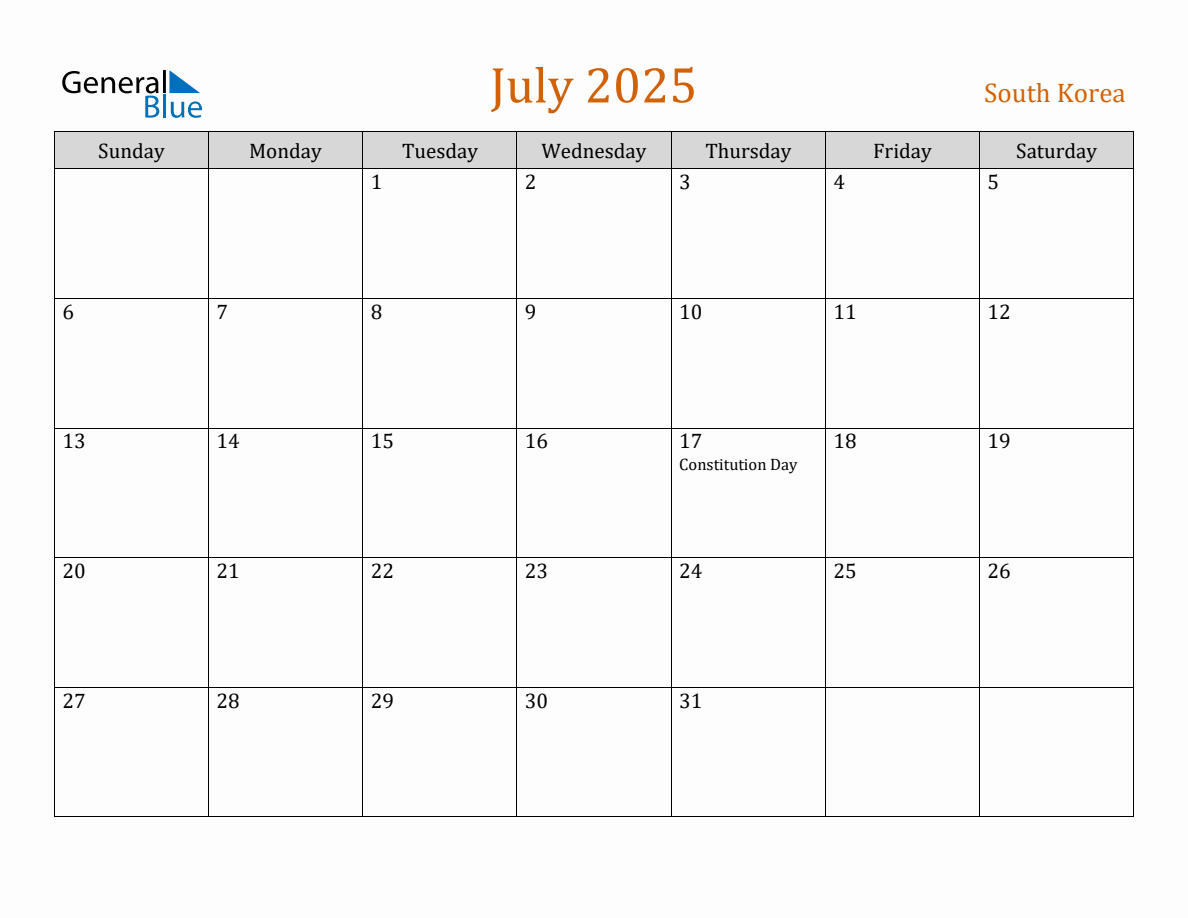 Free July 2025 South Korea Calendar