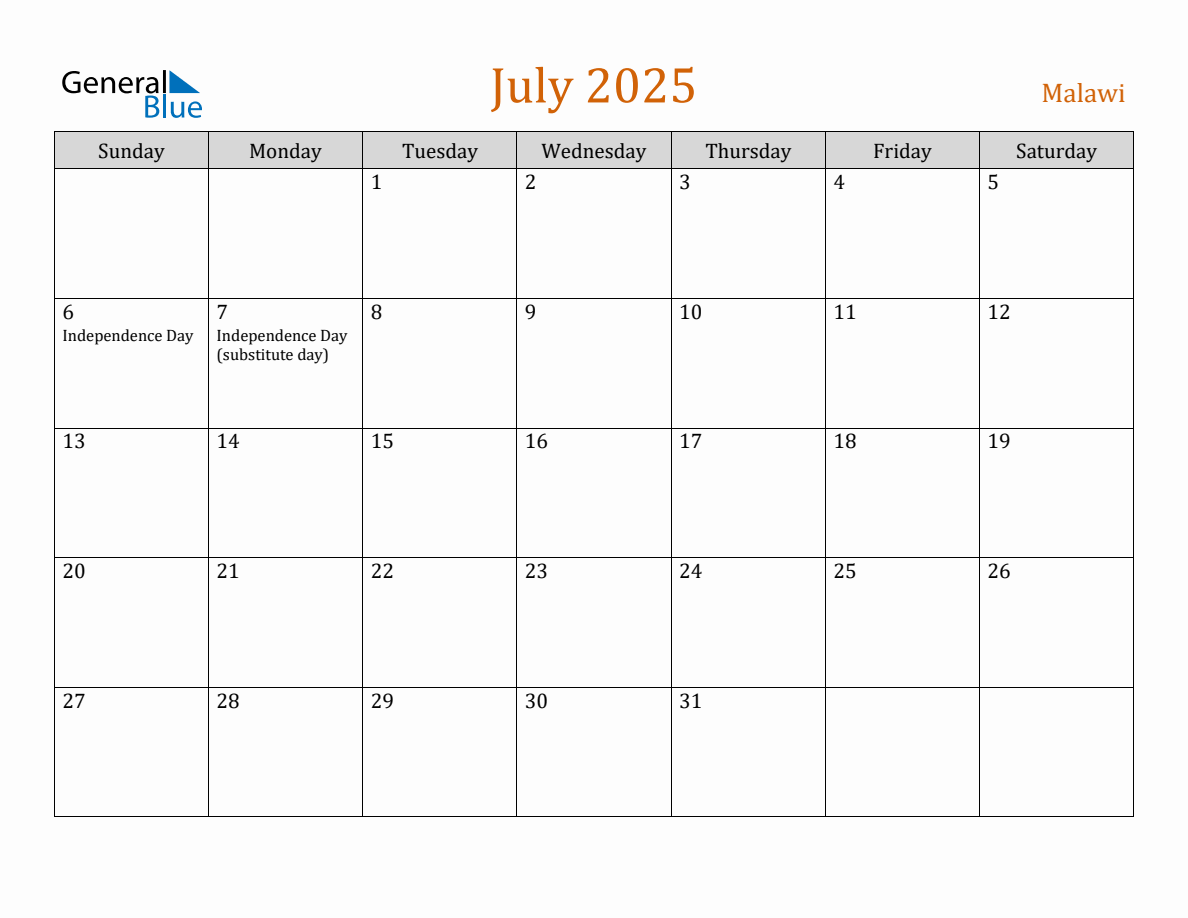 Free July 2025 Malawi Calendar