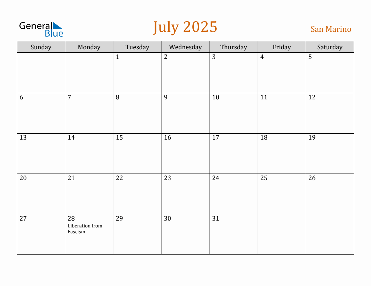 Free July 2025 San Marino Calendar