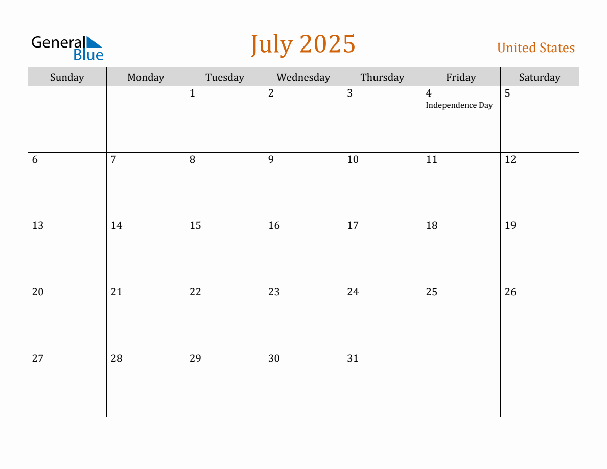 Free July 2025 United States Calendar