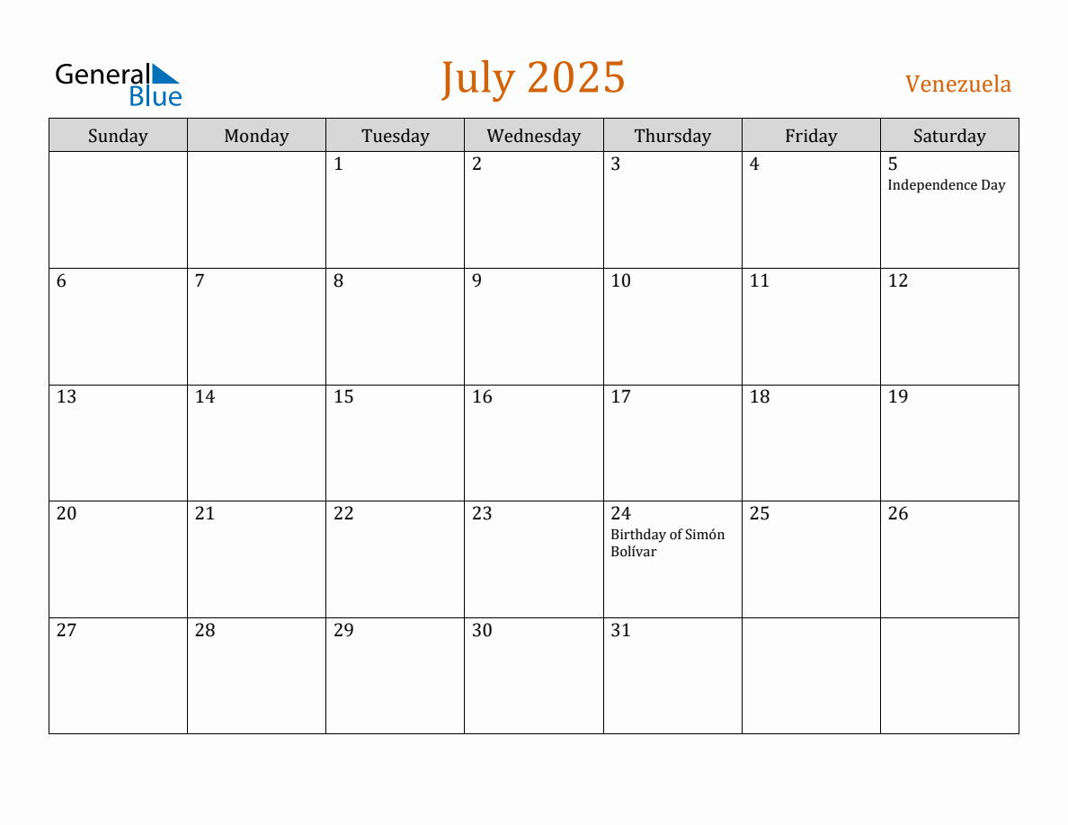 Free July 2025 Venezuela Calendar