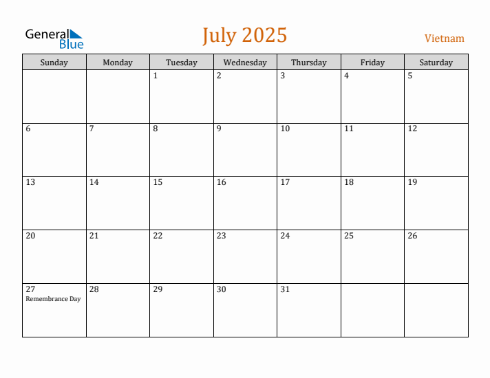 July 2025 Holiday Calendar with Sunday Start