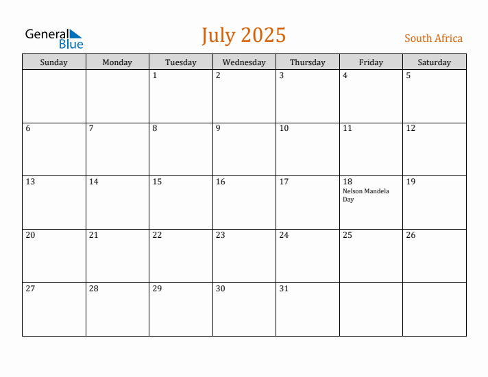 Free July 2025 South Africa Calendar
