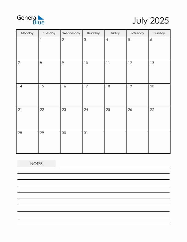 Printable Calendar with Notes - July 2025 