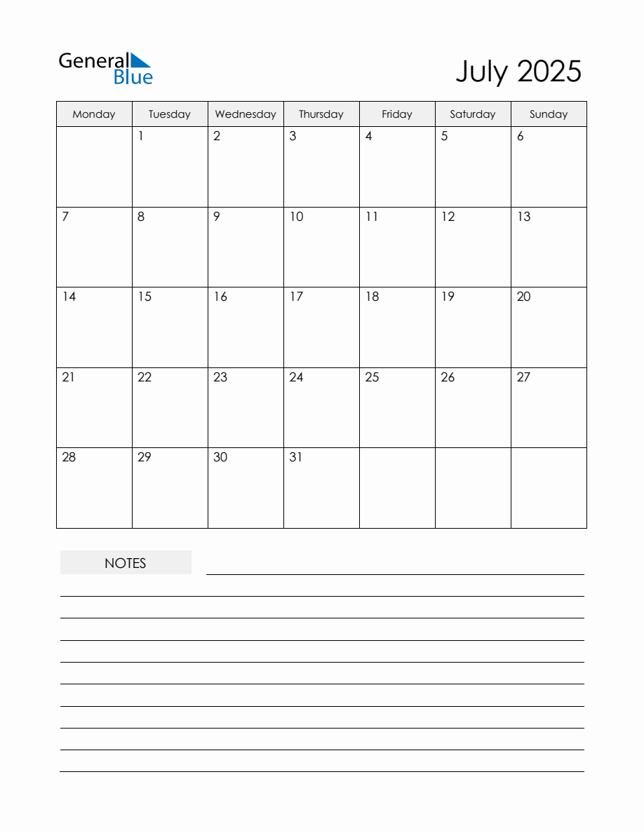 July 2025 Monthly Planner Calendar