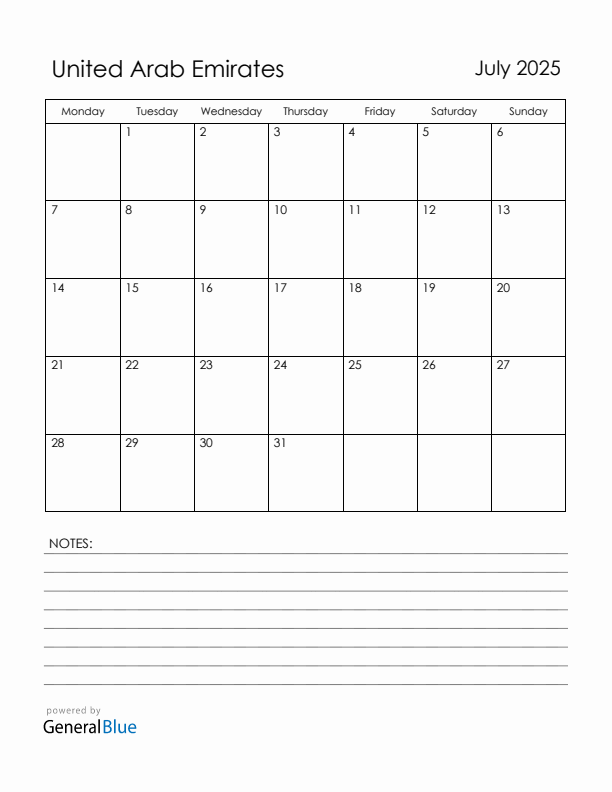 July 2025 United Arab Emirates Calendar with Holidays (Monday Start)