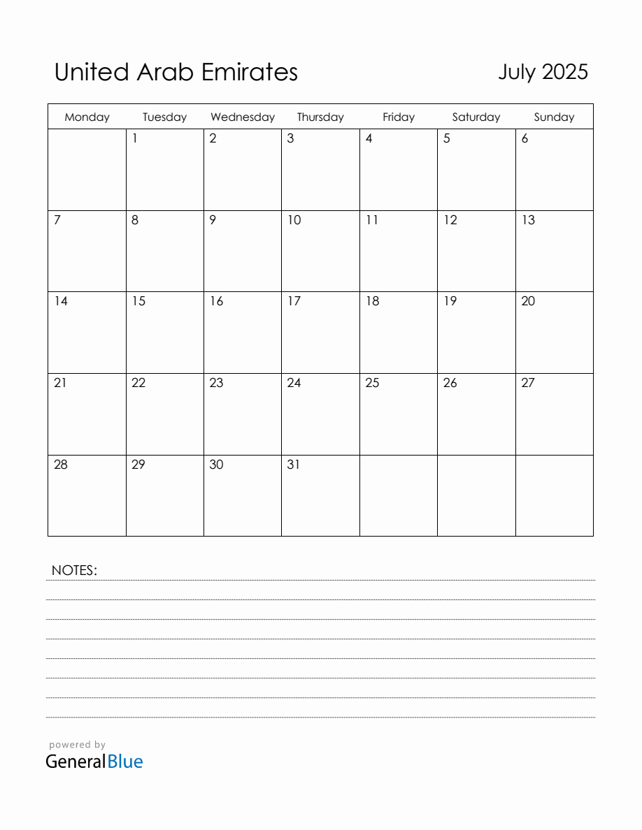 July 2025 United Arab Emirates Calendar with Holidays