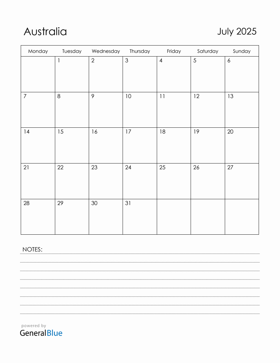 July 2025 Australia Calendar with Holidays