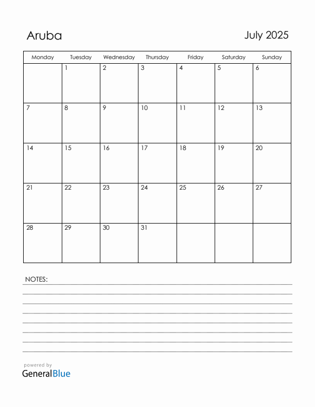 July 2025 Aruba Calendar with Holidays (Monday Start)